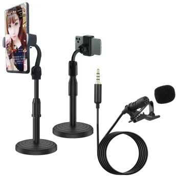 Mobile Phone hoder Stand Adjustable Height Desktop Stand 360 Rotate for Onilne Classes Live Streaming with Collar Mic Voice Recording Filter Microphone for Microphone 3.5 mm Clip-on Mic