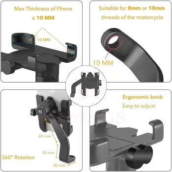 Metal Activa Phone Mount holder Rearview Mirror Mobile Holder for Scooty,Bicycle & Bike Phone Stand Anti-Vibration/Shake Pads Fits All Smartphones (Black) - Image 2