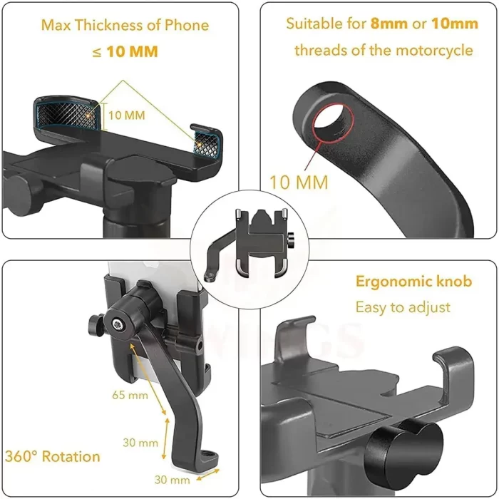 Metal Activa Phone Mount holder Rearview Mirror Mobile Holder for Scooty,Bicycle & Bike Phone Stand Anti-Vibration/Shake Pads Fits All Smartphones (Black) - Image 2