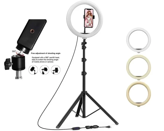 14" inch Ring Light with 7 feet Tripod Stand and Extra Mobile Holder 3 Colors Modes Dimmable LED for Photos and Videos, Compatible with Smartphone for Facebook Live, Instagram, Video Blogging.