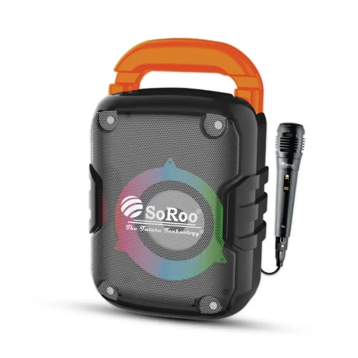 SOROO Portable Bluetooth 15W Wireless Party Speaker Multi Media with Wired mic for karoke, AUX, USB, Micro SD Card, Super bass, Stereo Sound, 5 Hours Playtime with Multi Color Rotating Light