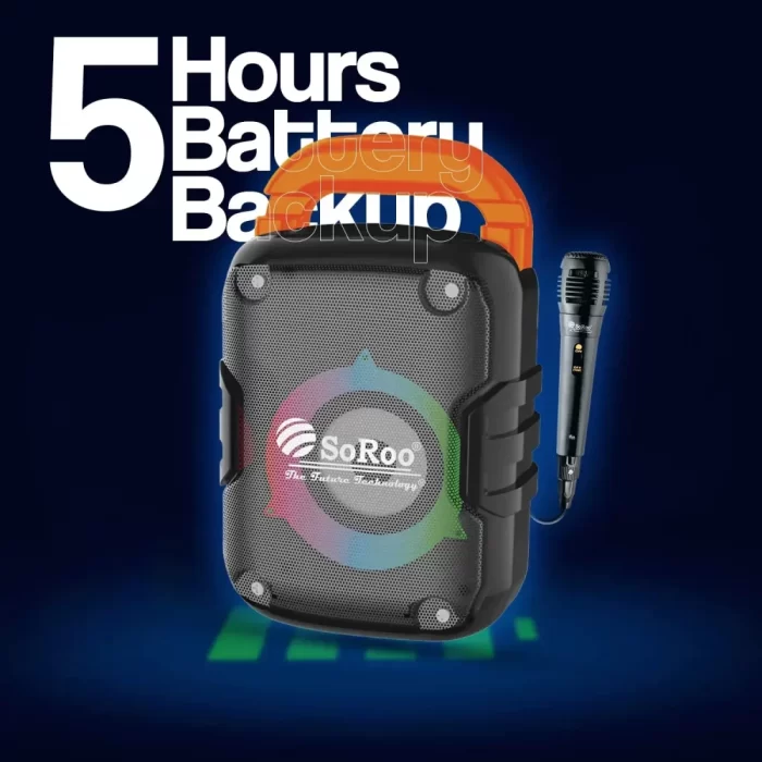 SOROO Portable Bluetooth 15W Wireless Party Speaker Multi Media with Wired mic for karoke, AUX, USB, Micro SD Card, Super bass, Stereo Sound, 5 Hours Playtime with Multi Color Rotating Light - Image 4