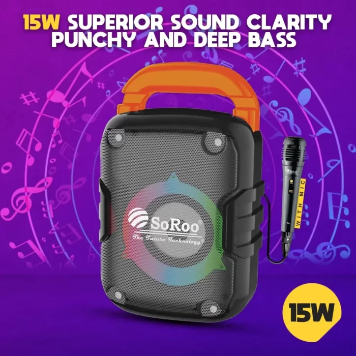 SOROO Portable Bluetooth 15W Wireless Party Speaker Multi Media with Wired mic for karoke, AUX, USB, Micro SD Card, Super bass, Stereo Sound, 5 Hours Playtime with Multi Color Rotating Light - Image 5
