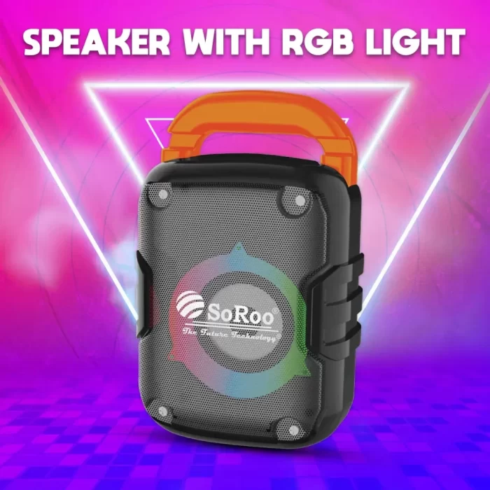 SOROO Portable Bluetooth 15W Wireless Party Speaker Multi Media with Wired mic for karoke, AUX, USB, Micro SD Card, Super bass, Stereo Sound, 5 Hours Playtime with Multi Color Rotating Light - Image 2
