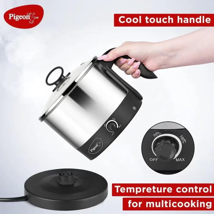 Pigeon Kessel Multipurpose Kettle (12173) 1.2 litres with Stainless Steel Body, used for boiling Water and milk, Tea, Coffee, Oats, Noodles, Soup etc. 600 Watt (Black & Silver) - Image 3