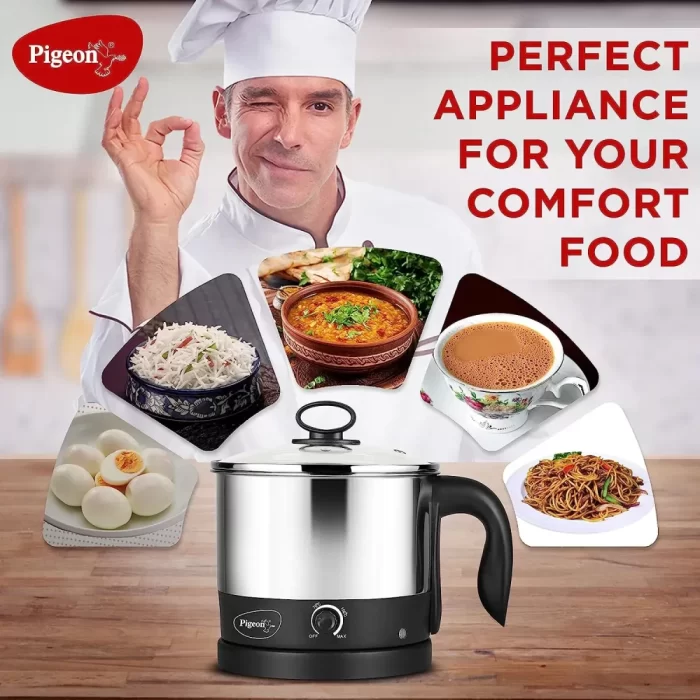 Pigeon Kessel Multipurpose Kettle (12173) 1.2 litres with Stainless Steel Body, used for boiling Water and milk, Tea, Coffee, Oats, Noodles, Soup etc. 600 Watt (Black & Silver) - Image 6