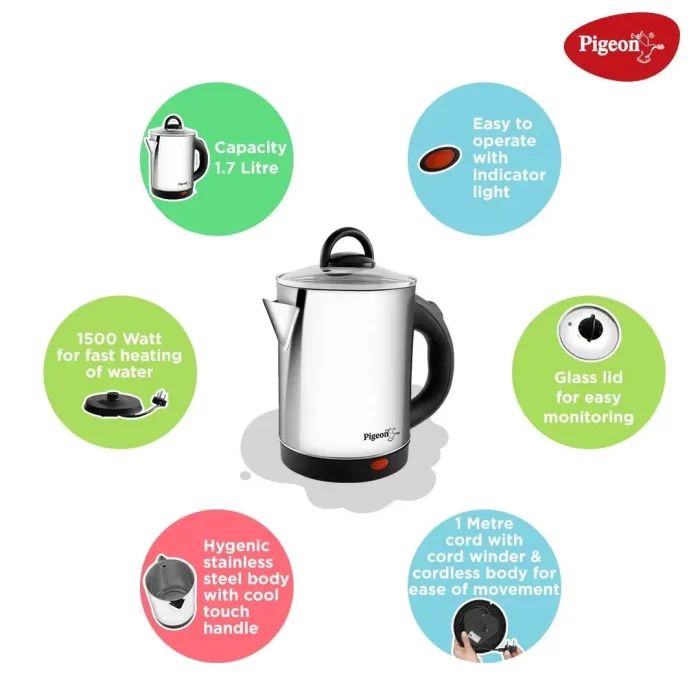 Pigeon by Stovekraft Quartz Electric Kettle (14299) 1.7 Litre with Stainless Steel Body, used for boiling Water, making tea and coffee, instant noodles, soup etc. 1500 Watt (Silver) - Image 4