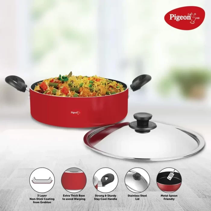 Pigeon Non-Stick Biriyani Pot with Lid (8.5 L, Red) - Image 2