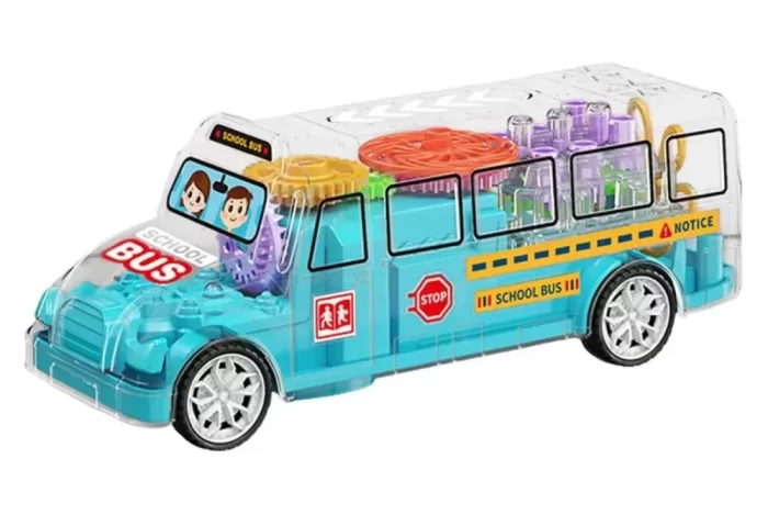 FunBlast Transparent 3D Bus Toy - Friction Power 360 Degree Rotation Musical Toy Bus with Light and Sound for 3+ Years Old Boys, Kids, Gear Simulation Mechanical Bus Toy for Toddlers - Multicolor