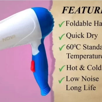 Foldable Hair For Girls Dryer for Professional Women Men girls Nova NV- 1290 1000 W Electric Foldable 2 Speed Control Hair Dryer With Box (Blue) - Image 2