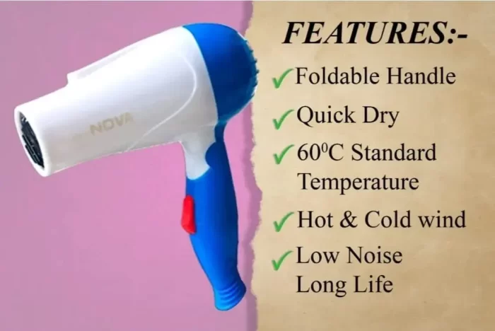 Foldable Hair For Girls Dryer for Professional Women Men girls Nova NV- 1290 1000 W Electric Foldable 2 Speed Control Hair Dryer With Box (Blue) - Image 2