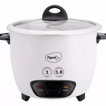 Pigeon Blossom Electric Rice Cooker 1.8 Litre with Stainless Steel lid and 2 Aluminium Cooking Pans, 700 Watt, White