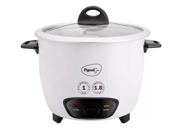 Pigeon Blossom Electric Rice Cooker 1.8 Litre with Stainless Steel lid and 2 Aluminium Cooking Pans, 700 Watt, White