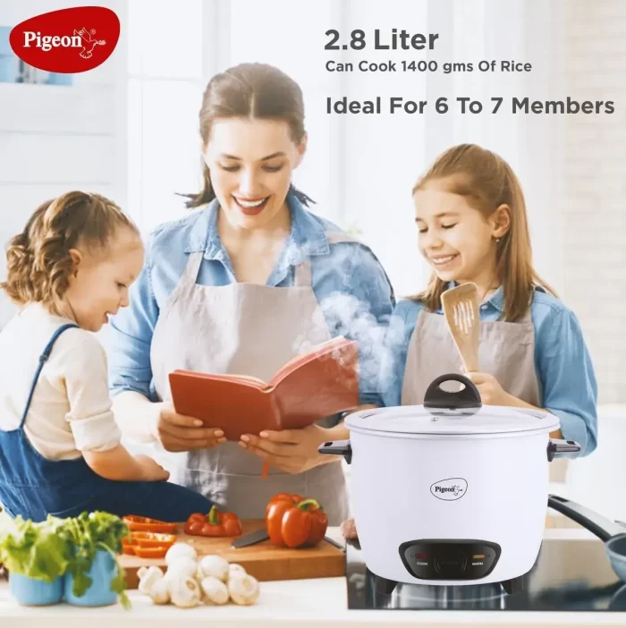 Pigeon Blossom Electric Rice Cooker 1.8 Litre with Stainless Steel lid and 2 Aluminium Cooking Pans, 700 Watt, White - Image 3