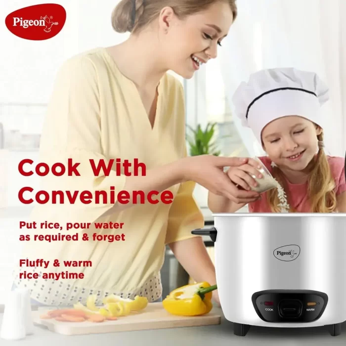 Pigeon Blossom Electric Rice Cooker 1.8 Litre with Stainless Steel lid and 2 Aluminium Cooking Pans, 700 Watt, White - Image 5