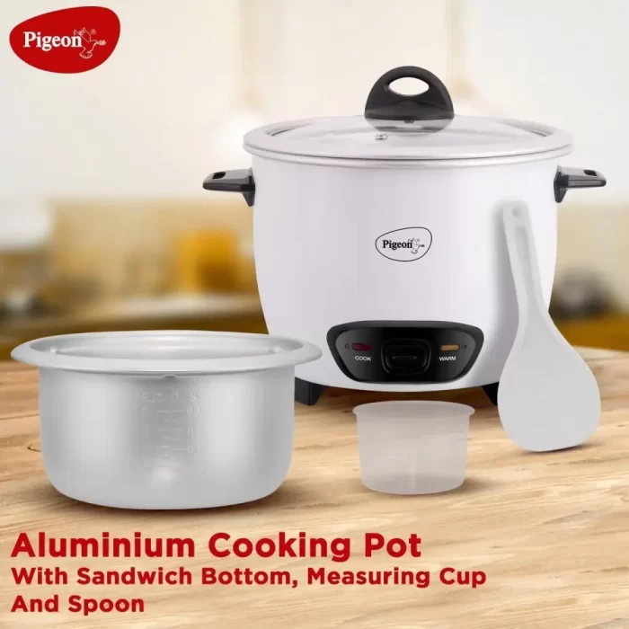 Pigeon Blossom Electric Rice Cooker 1.8 Litre with Stainless Steel lid and 2 Aluminium Cooking Pans, 700 Watt, White - Image 7