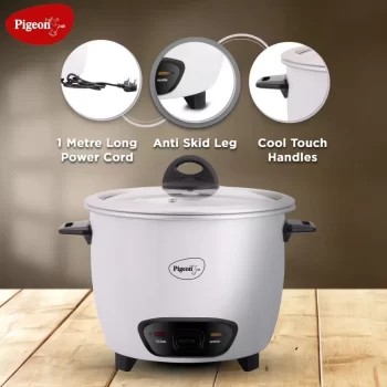 Pigeon Blossom Electric Rice Cooker 1.8 Litre with Stainless Steel lid and 2 Aluminium Cooking Pans, 700 Watt, White - Image 2