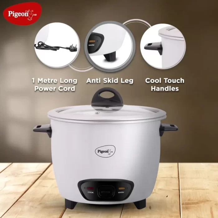 Pigeon Blossom Electric Rice Cooker 1.8 Litre with Stainless Steel lid and 2 Aluminium Cooking Pans, 700 Watt, White - Image 2