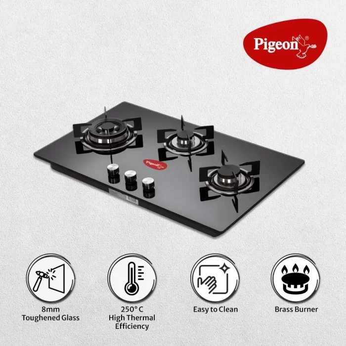 Pigeon Ornate Hob 3 Burner Multi Spark Integrated Auto Ignition With Brass Triple Ring Burners, Scratch Resistant 8 mm Thick Toughened Glass Top For Easy Cleaning - Black - Image 3