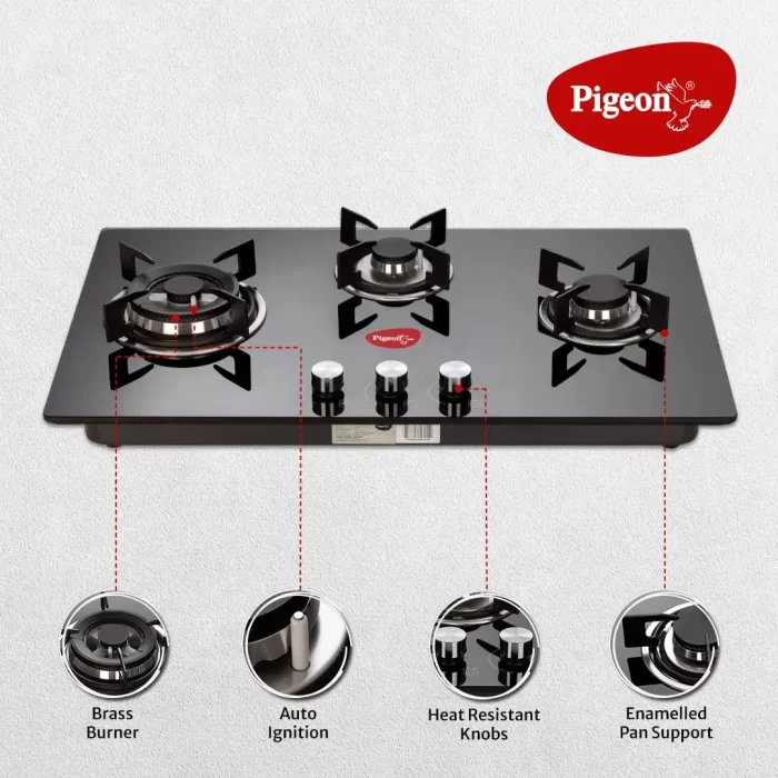 Pigeon Ornate Hob 3 Burner Multi Spark Integrated Auto Ignition With Brass Triple Ring Burners, Scratch Resistant 8 mm Thick Toughened Glass Top For Easy Cleaning - Black - Image 4