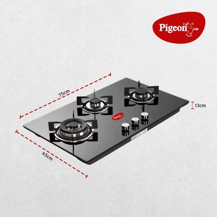 Pigeon Ornate Hob 3 Burner Multi Spark Integrated Auto Ignition With Brass Triple Ring Burners, Scratch Resistant 8 mm Thick Toughened Glass Top For Easy Cleaning - Black - Image 6
