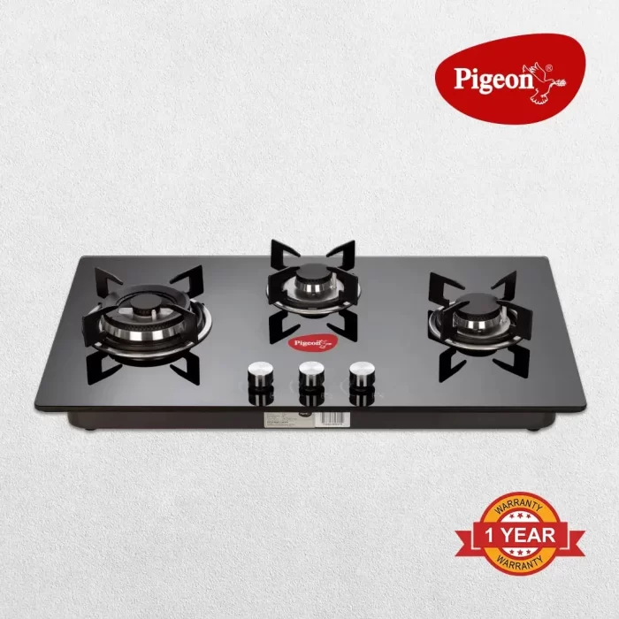 Pigeon Ornate Hob 3 Burner Multi Spark Integrated Auto Ignition With Brass Triple Ring Burners, Scratch Resistant 8 mm Thick Toughened Glass Top For Easy Cleaning - Black - Image 7