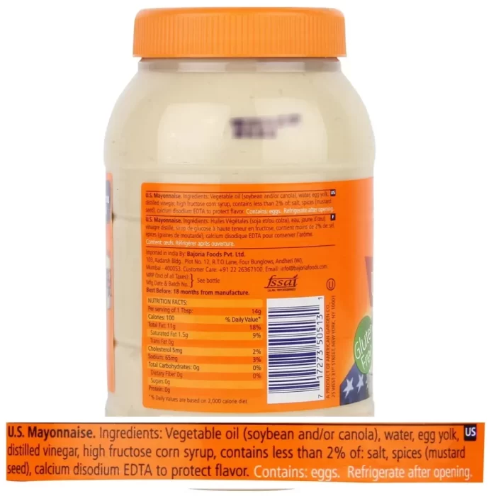 American Garden U.S Mayonnaise Gluten Free, 887 ml / 32 fl oz ℮ 870 g - Imported Product - Image 2