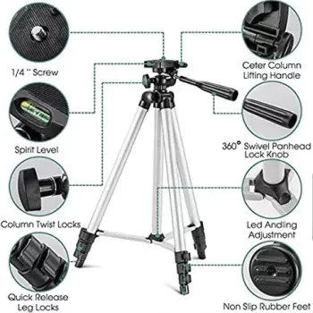 Portable Tripod Stand 3 Way Head For Digital Camera Camcorder with Mobile Holder Kit, Adjustable length 1.5ft - 4.5ft (Silver-Black, Support upto 1500 g) - Image 2