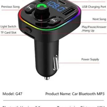 Car Bluetooth Device with Call Receiver, FM Transmitter for Music System & Dual USB + Type C Fast Charger; 7 Colour LED Lights; 6 Equalizer Presets; USB MP3 Audio Playback; Voice Assistant - Image 2