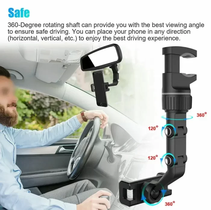 Multifunctional Car Rear View Mirror Rotatable Holder, 360° Car Mounted Hanging Clip Holder for All Universal Mobile Phones & GPS Holder - Image 7