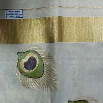Women's Kerala Traditional Tissue Saree with Mural Print ( peacock's feather mural painting) - Onam Saree - Image 2