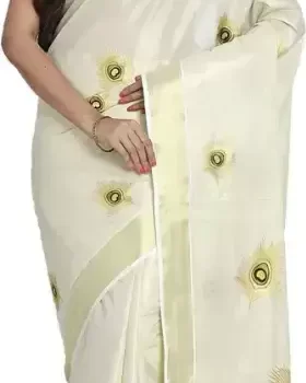 Women's Kerala Traditional Tissue Saree with Mural Print ( peacock's feather mural painting) - Onam Saree - Image 6
