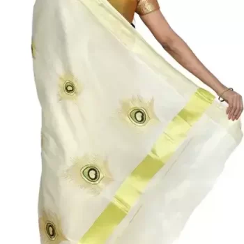 Women's Kerala Traditional Tissue Saree with Mural Print ( peacock's feather mural painting) - Onam Saree - Image 5