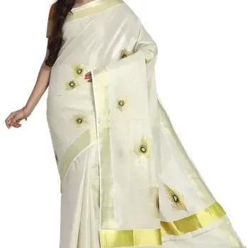 Women's Kerala Traditional Tissue Saree with Mural Print ( peacock's feather mural painting) - Onam Saree - Image 4