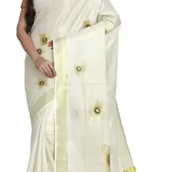 Women's Kerala Traditional Tissue Saree with Mural Print ( peacock's feather mural painting) - Onam Saree - Image 3