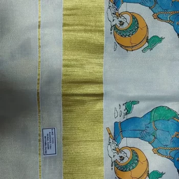 Women's Kerala Traditional Tissue Saree with Mural Print ( Lord Krishna Painting)