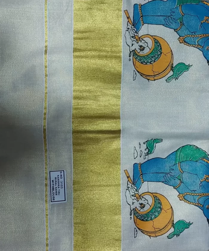Women's Kerala Traditional Tissue Saree with Mural Print ( Lord Krishna Painting)