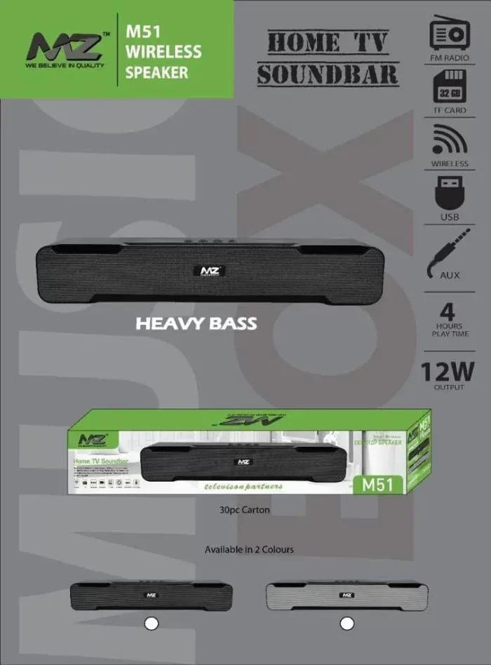 MZ M51 (Portable Home TV SOUNDBAR) Dynamic Thunder Sound 2400mAh Battery 16 W Bluetooth Soundbar - Heavy Bass ( FM Radio , TF Card , USB , AUX ) - Image 5