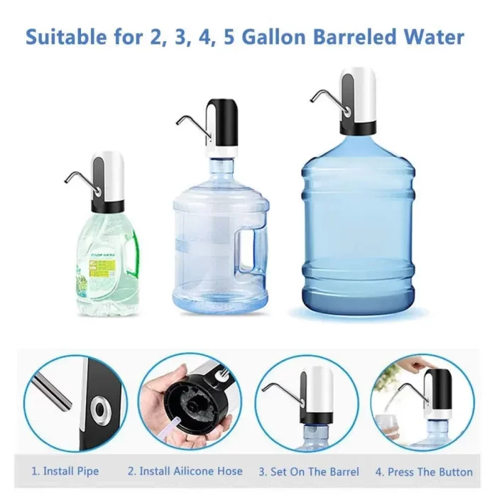 Water Dispenser Pump TT384 Portable Quality Automatic Rechargeable USB Water Dispenser Pump for (Bisleri) 5,10,20 litres Bottle Can with USB Charger Cable and Steel Pipe (Black) - Image 3