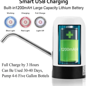 Water Dispenser Pump TT384 Portable Quality Automatic Rechargeable USB Water Dispenser Pump for (Bisleri) 5,10,20 litres Bottle Can with USB Charger Cable and Steel Pipe (Black) - Image 6