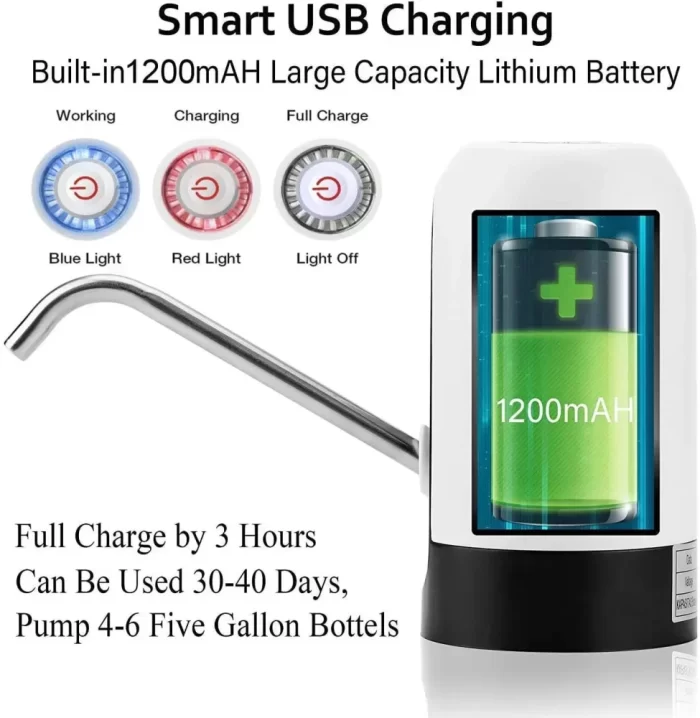 Water Dispenser Pump TT384 Portable Quality Automatic Rechargeable USB Water Dispenser Pump for (Bisleri) 5,10,20 litres Bottle Can with USB Charger Cable and Steel Pipe (Black) - Image 6
