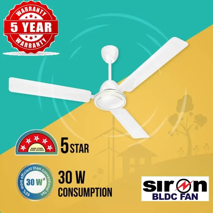 SIRON Decorative BLDC 1200mm Energy Saving with Remote Control 5 Star Ceiling Fan (White, Pack of 1) With 5 Year Warranty - Image 4