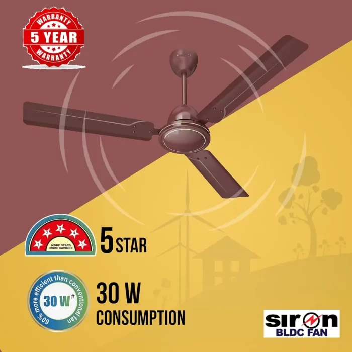 SIRON Decorative BLDC 1200mm Energy Saving with Remote Control 5 Star Ceiling Fan (Brown, Pack of 1) With 5 Year Warranty - Image 4