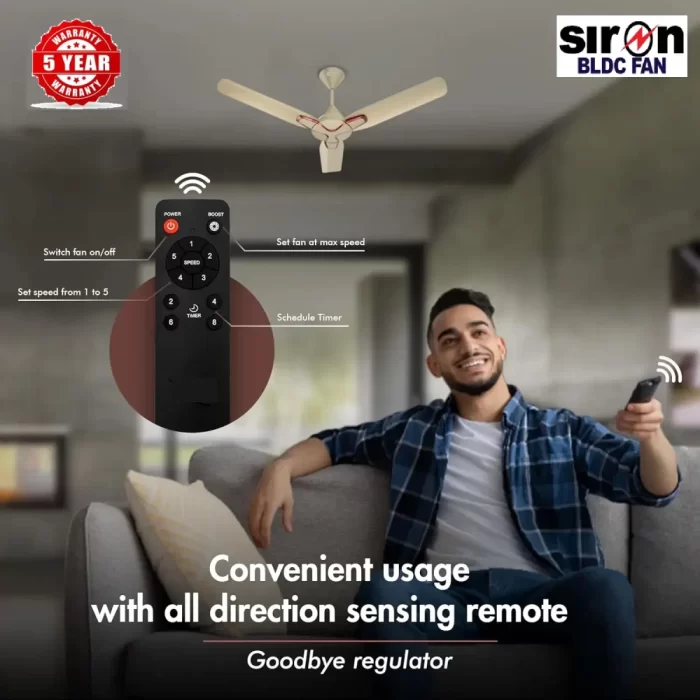 SIRON Decorative BLDC 1200mm Energy Saving with Remote Control 5 Star Ceiling Fan ( Metalic Golden Color, Pack of 1) With 5 Year Warranty - Image 6