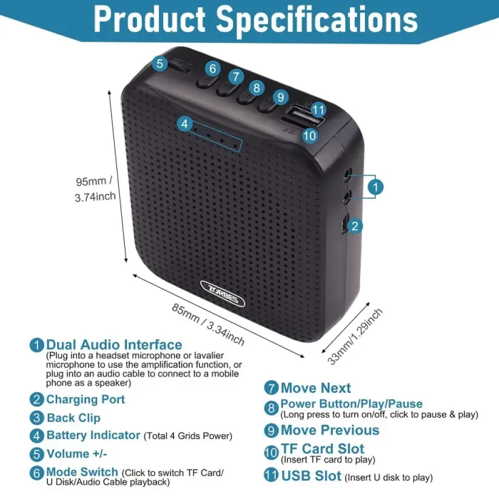 5W Bluetooth Voice Amplifier Microphone with Wired Headset, Portable Bluetooth Speaker with Belt for Teacher, Tour Guide, Speech, USB 1200mAh Voice Amplifier Support U Disk, TF Card - Image 3