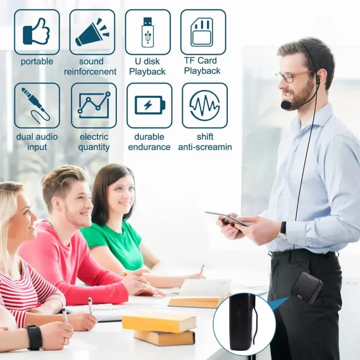 5W Bluetooth Voice Amplifier Microphone with Wired Headset, Portable Bluetooth Speaker with Belt for Teacher, Tour Guide, Speech, USB 1200mAh Voice Amplifier Support U Disk, TF Card - Image 4