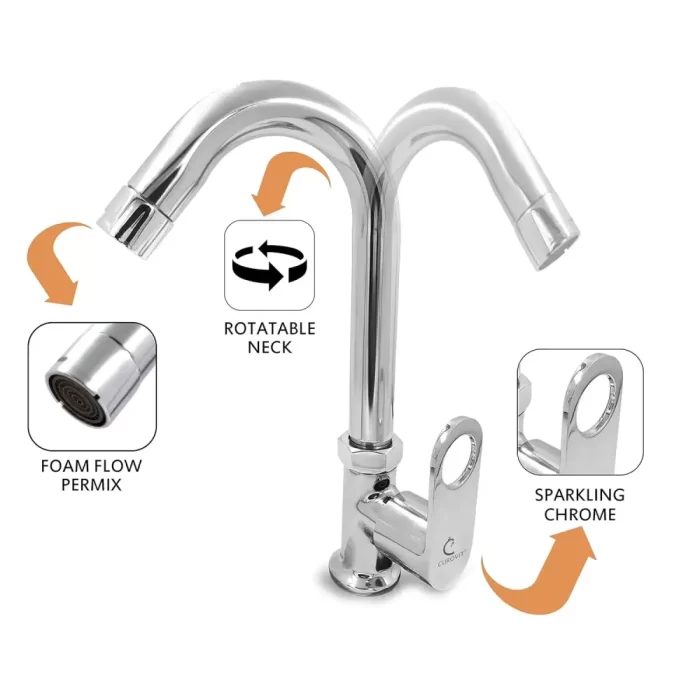 ORNAMIX Smart Brass Swan Neck Pillar Cock/Swinging Spout Tap for Wash Basin/Kitchen Table/Deck Mounted/Shiny Chrome Plated Quarter Turn - Image 4