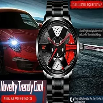 Car Wheel Watch Rotating Fashion Sport Watches Rim Hub Car Enthusiast Wrist Watch (Red) - Image 2