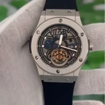 Hublot Black Watch - Leather Strap Unisex Silver Dial & Black Strap Watch - Image 2
