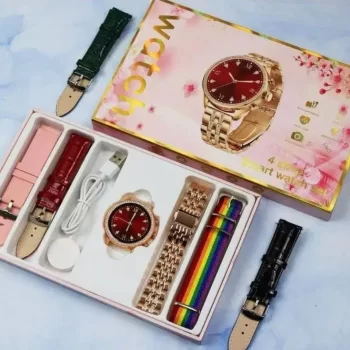 Ladies Smart Watch - Gen 9 Max Diamond Stainless-Still Amoled Display 4 Straps BT Calling Smart Notifications Smartwatch (Rose Gold Strap/Black/Green/Red Leather Strap) with On/Off Brand Logo & Wireless Charging - Image 4